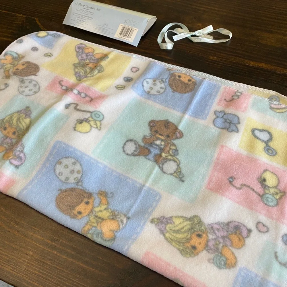 Vintage 2002 Precious Moments 2 Piece Baby Blanket Set Fleece Flannel Pastel